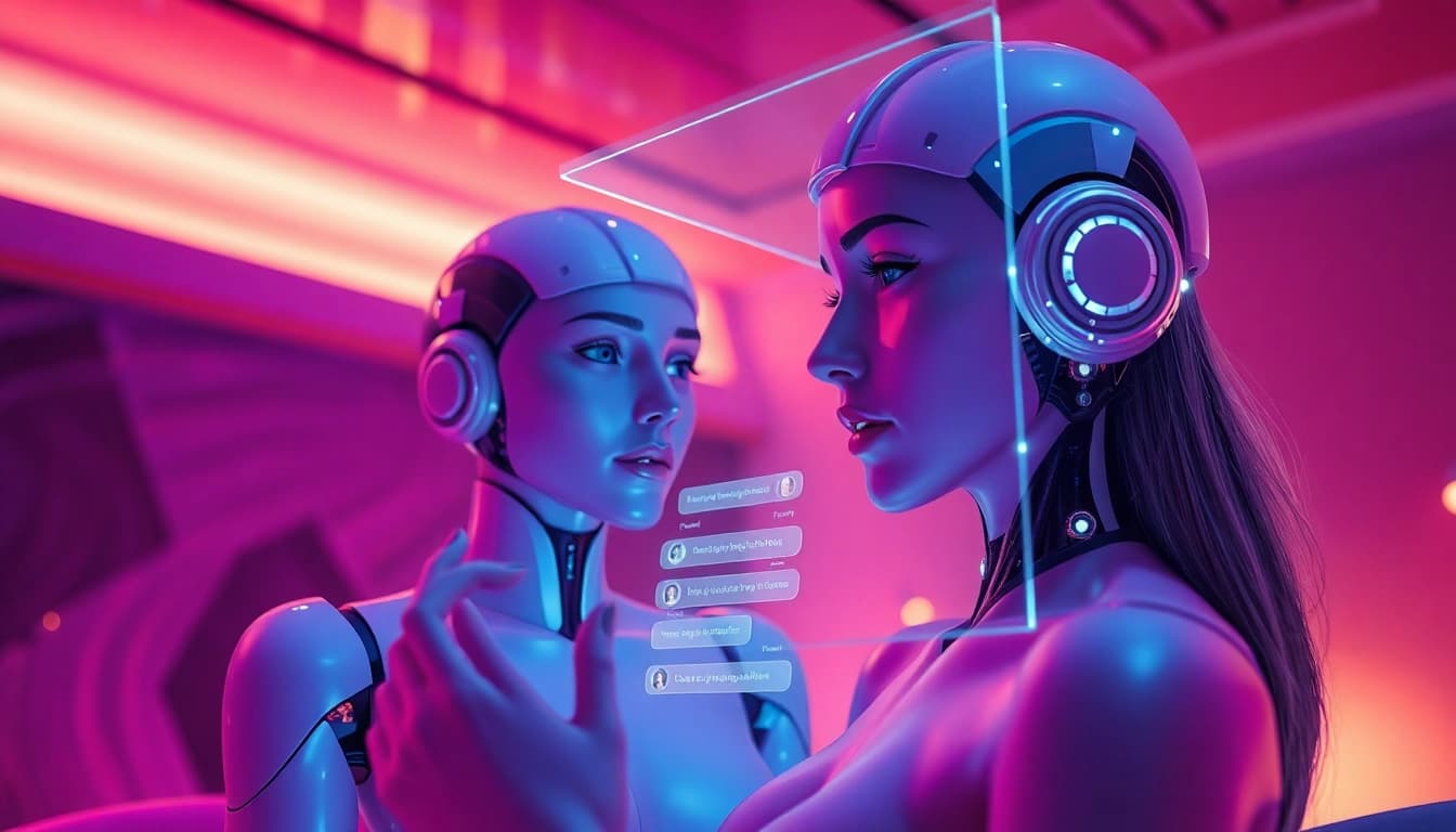 AI sex engagement in a futuristic digital art scene, featuring emotive characters and holographic chat.