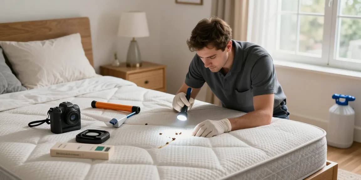 Bed bug exterminator inspecting mattress seams for bed bug signs in a cozy bedroom.