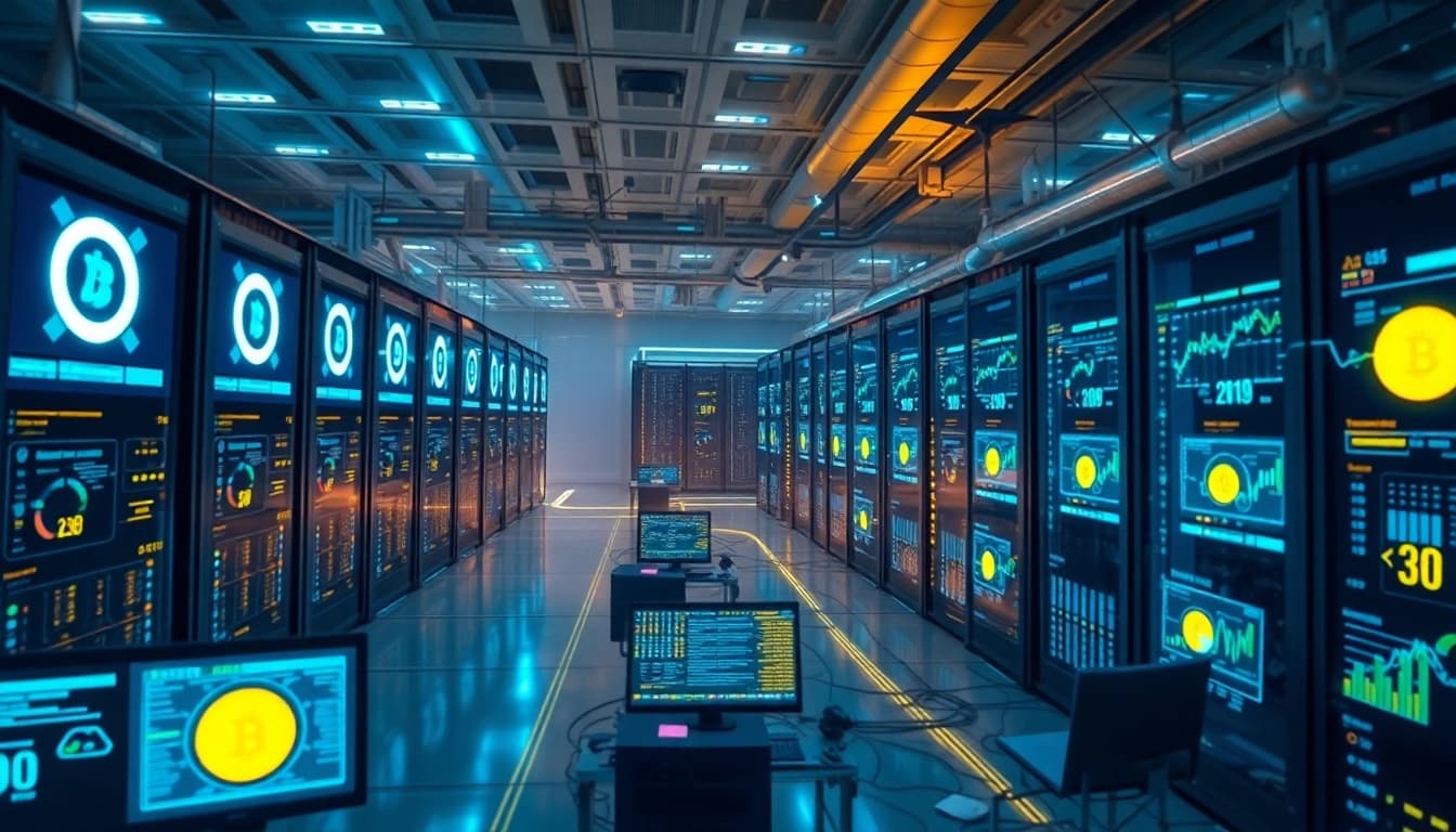 Dogecoin cloud mining scene with digital miners and vibrant cryptocurrency elements.