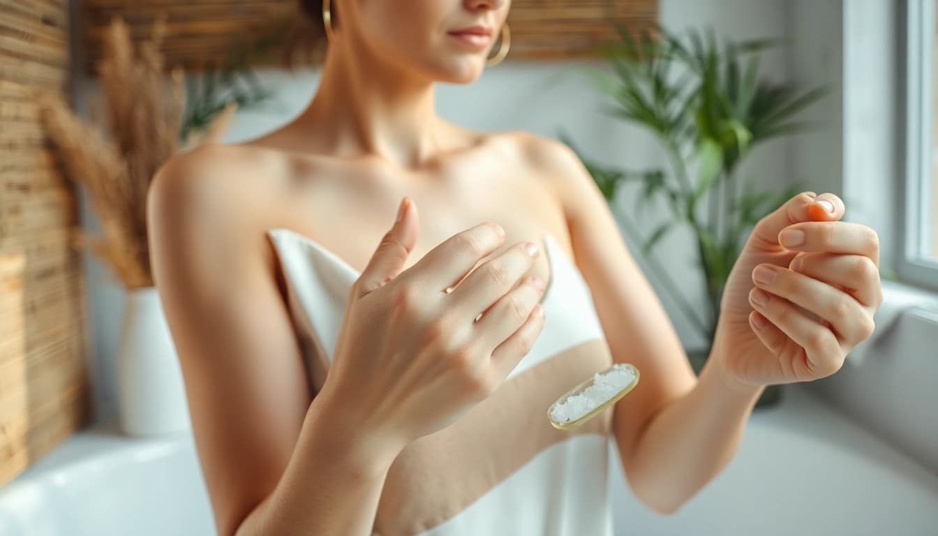 A woman showcasing how to use raw loofah for exfoliation in a bright bathroom setting.