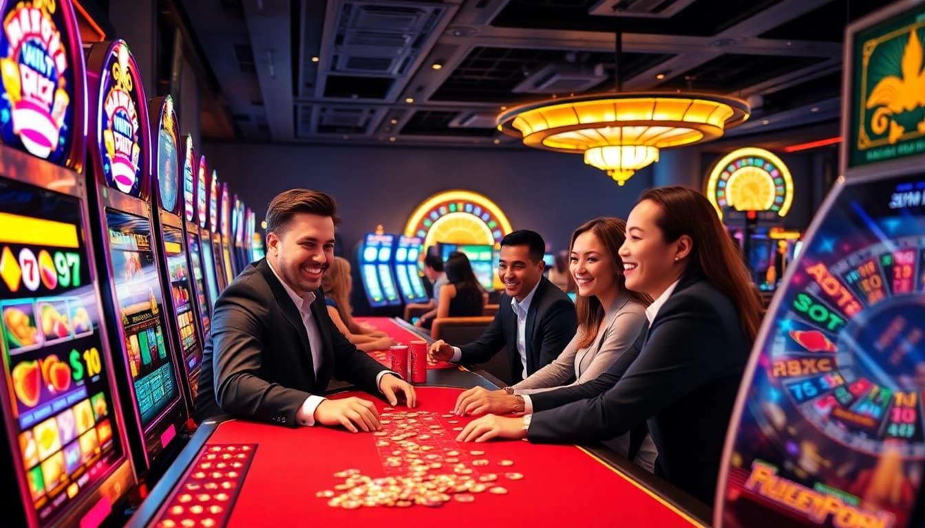 Experience excitement at IDN Slot with vibrant slot machines and enthusiastic players celebrating wins.