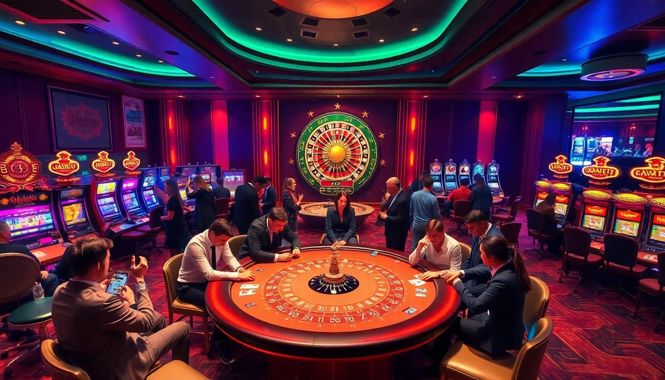 Bustling casino scene featuring poker tables and slot machines, embodying bk8thai's vibrant gaming experience.
