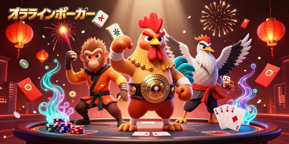 オンラインポーカーのポーカー台とチップが散りばめられた活気あるシーン。