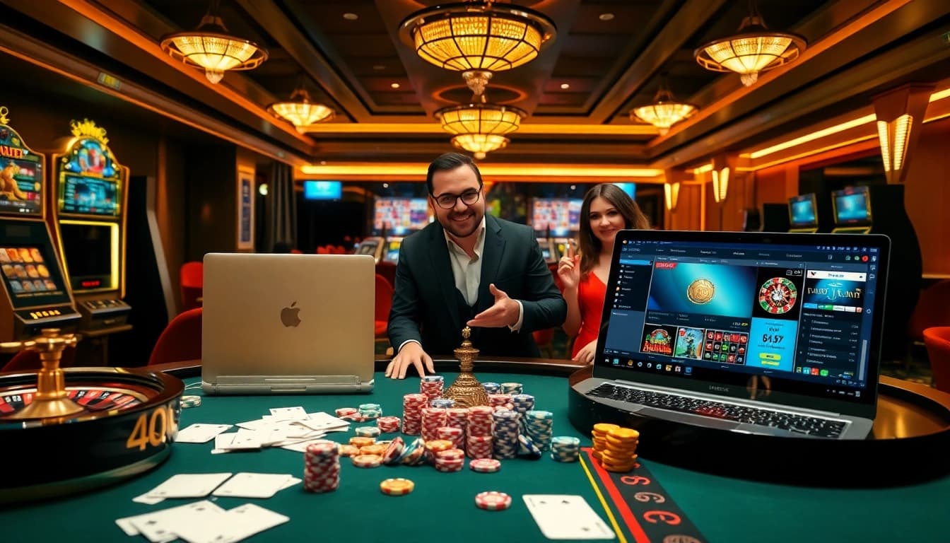 Scène excitante de joueurs profitant du casino en ligne France avec des tables, des jetons et des interfaces en ligne.