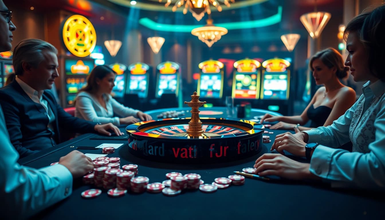 Players strategizing with hidden wiki links at a luxurious poker table in a vibrant casino.