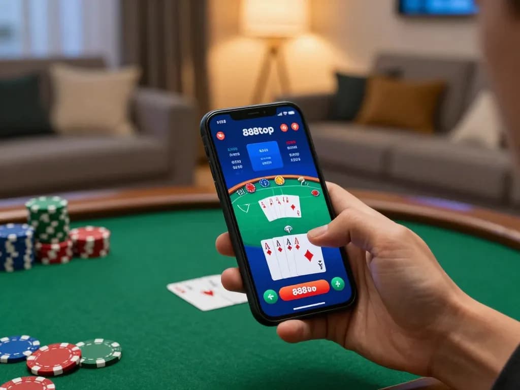 Engaging with the 888top app for immersive poker gameplay within a cozy home setting