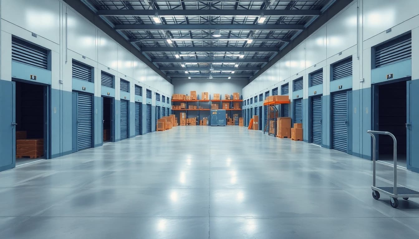 Self storage units in a spacious, organized facility with bright lighting and efficient layout.