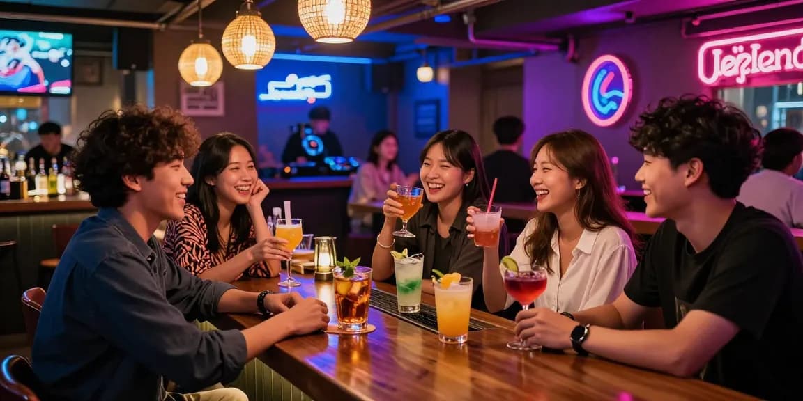 Jeju Island nightlife experience showcasing 제주도유흥 with friends enjoying cocktails at a lively bar.