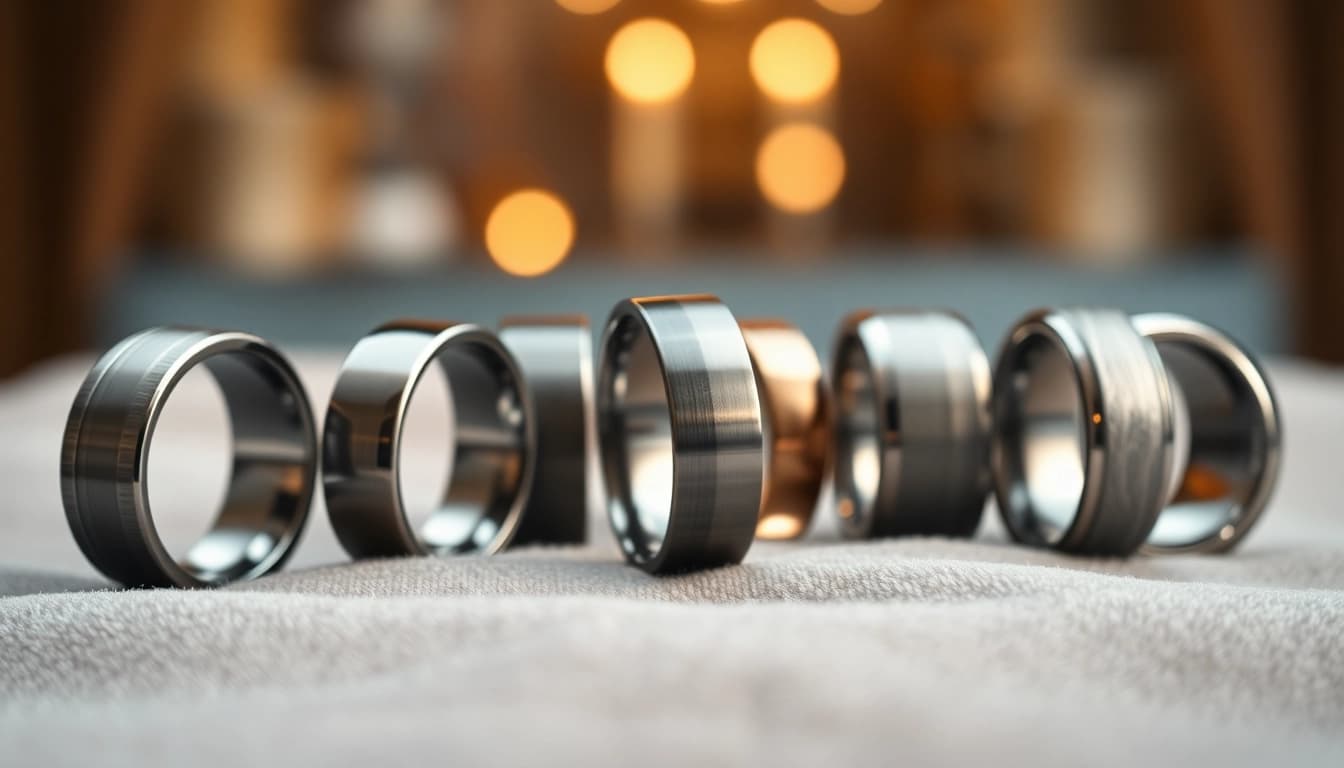 Showcase unique tungsten rings with varied finishes and elegant textures on a stylish backdrop.