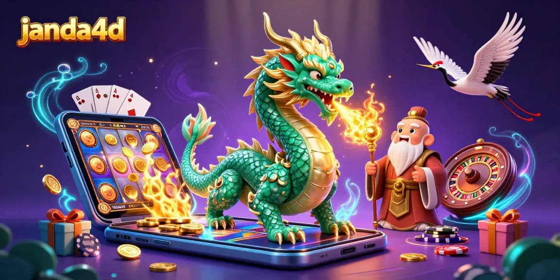 Menyaksikan permainan menarik dari janda4d dengan dragon zamrud, kura-kura bijak, dan burung bangau membawa pita merah.