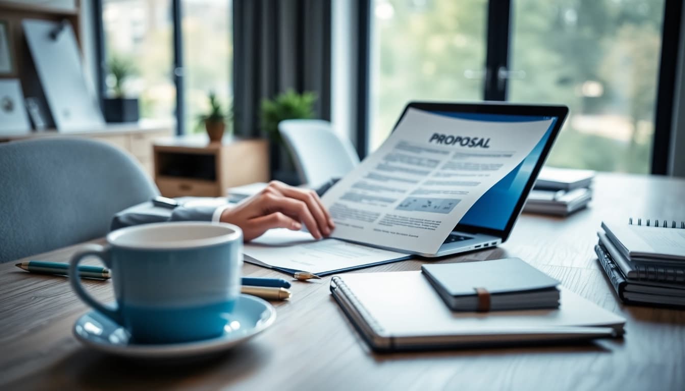 Engaging scene of Proposal Writing and Management at a professional desk with laptop and documents.