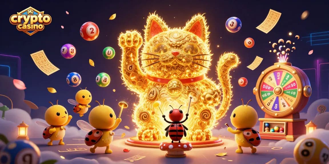 Gioca nel crypto casino con simboli di fortuna e un'atmosfera ricca di premi colorati.