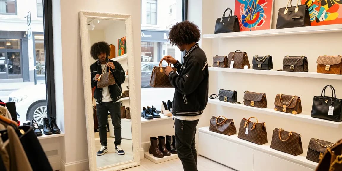 Shopper exploring premium 명품 레플리카 products in stylish urban boutique, reflecting modern fashion choices.