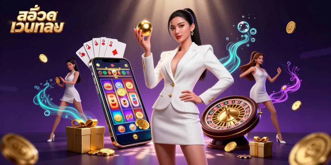 Play exciting slot games with สล็อตเว็บตรง featuring vibrant reels, poker chips, and a roulette ball.