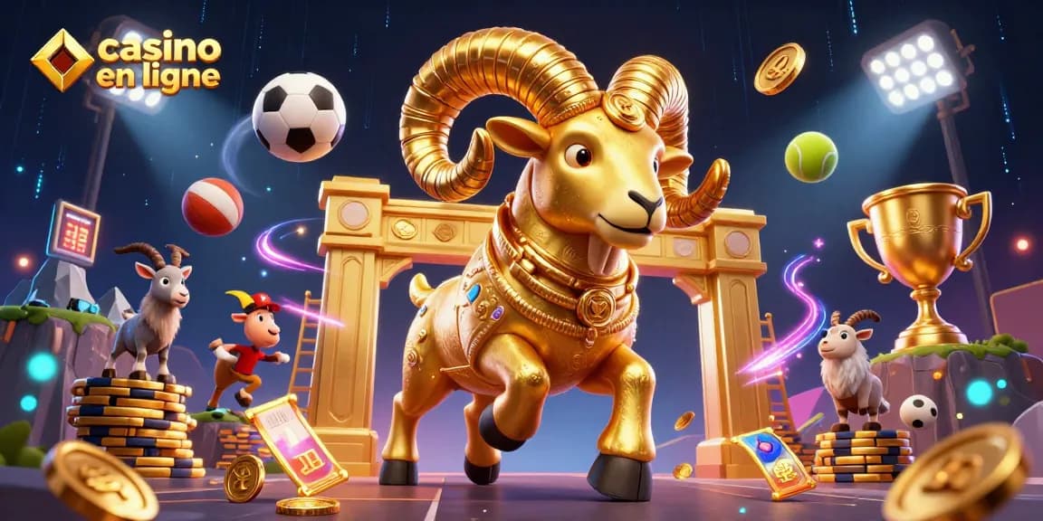 Jouez à des jeux palpitants dans un casino en ligne avec un bélier doré joyeux et plein d'actions.