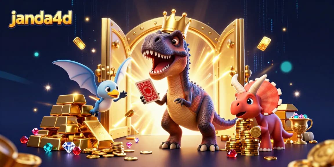 Menggambarkan janda4d, T-Rex ramah bermain kartu, pterodactyl membantu, dan triceratops menyusun chip emas.