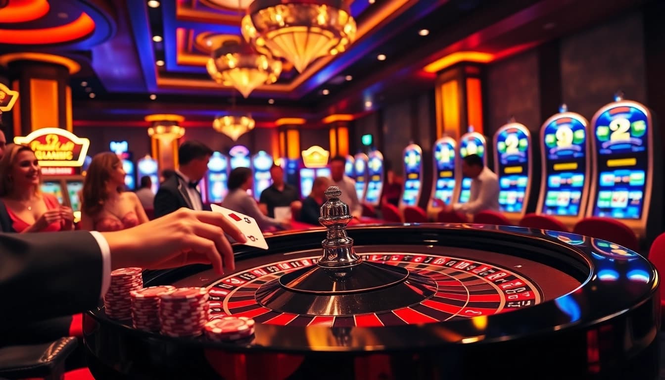Players enjoying a thrilling game at the mm88.com casino with vibrant roulette and poker action.