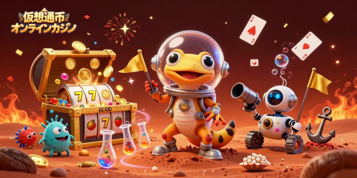 仮想通貨オンラインカジノでスロットリールを探す宇宙服を着たトカゲのイラスト