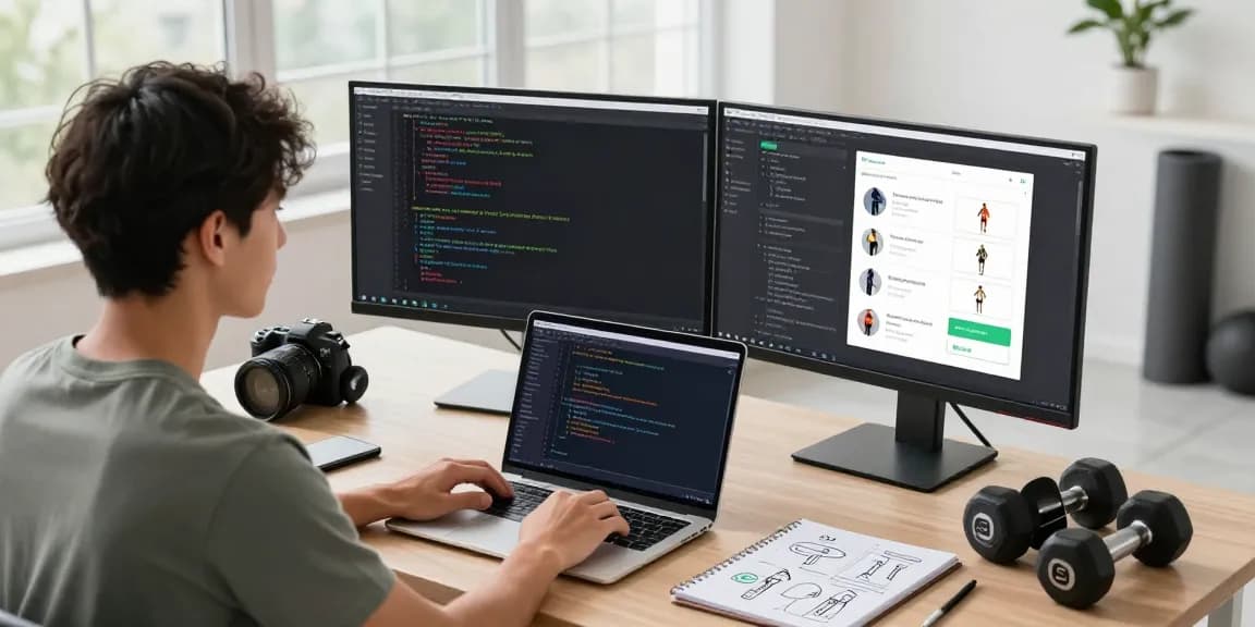 Android fitness app project tutorial in a vibrant workspace showcasing a developer coding with dual monitors and fitness elements.