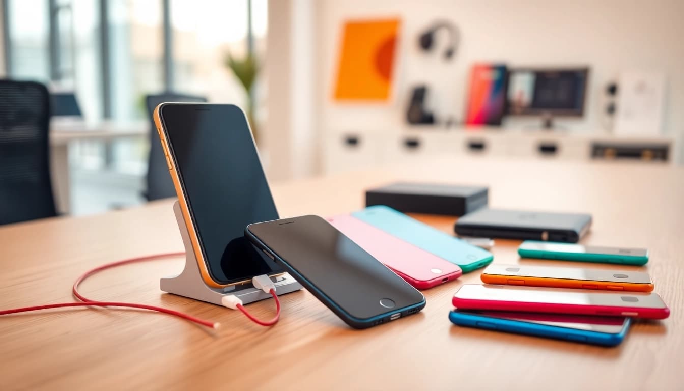 Phonelocker displaying organized mobile devices in a professional office setting.