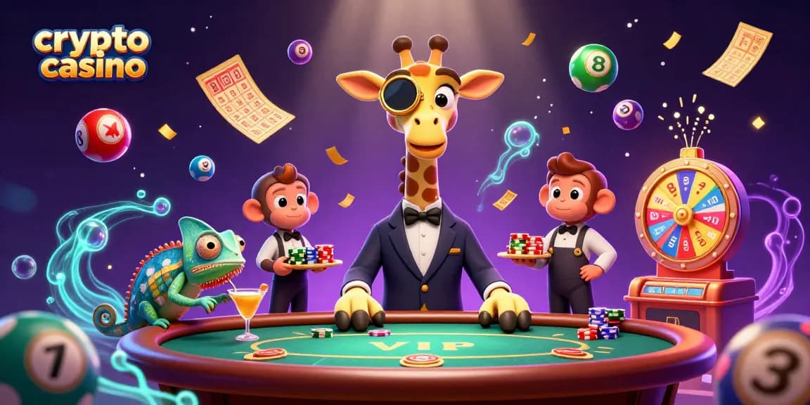 Partecipa nel crypto casino con un'illustrazione vivace che mostra una giraffa e un team di casino.