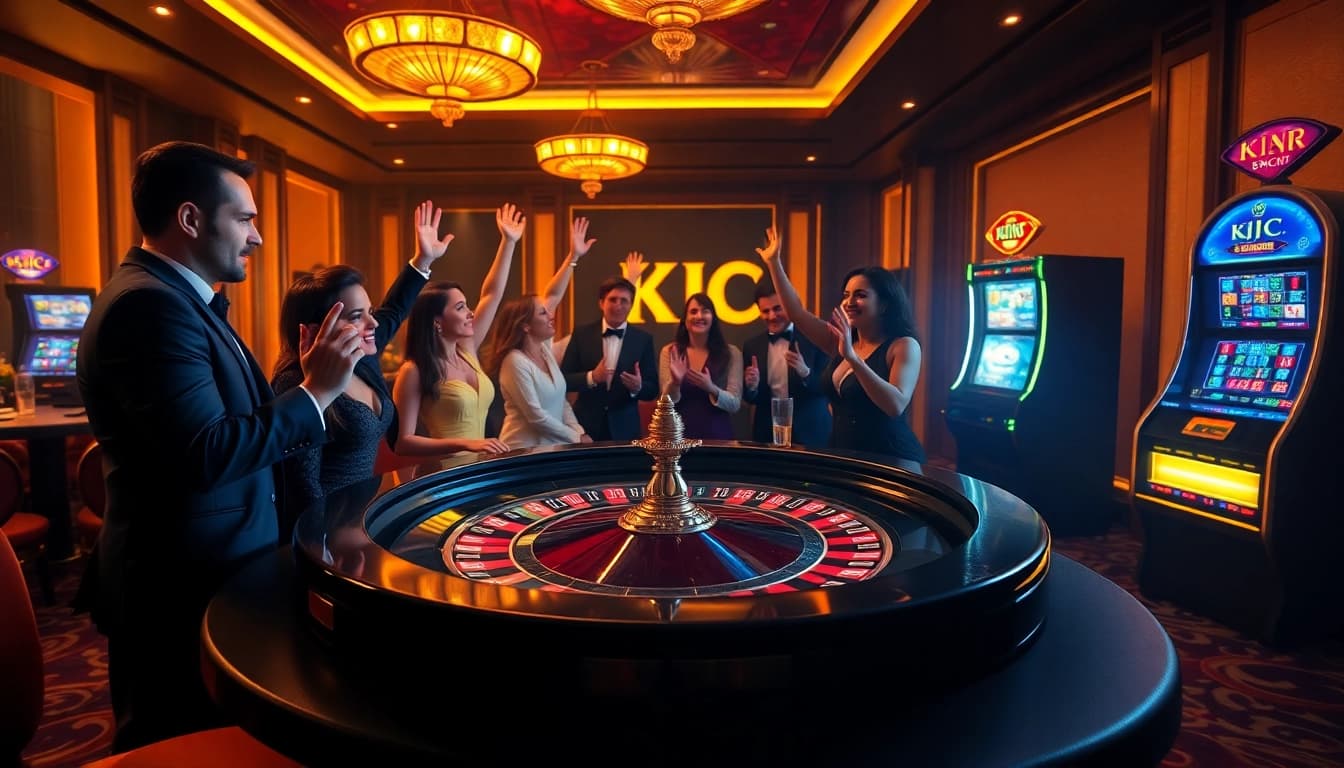 Players celebrating wins at a casino table featuring games from https://www.kjc.global/ with vibrant poker chips.