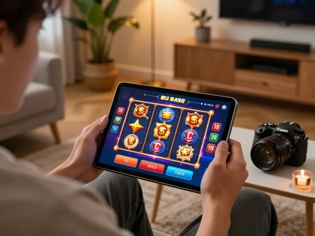 Engaging in casino senza registrazione gaming on a tablet in a cozy living room