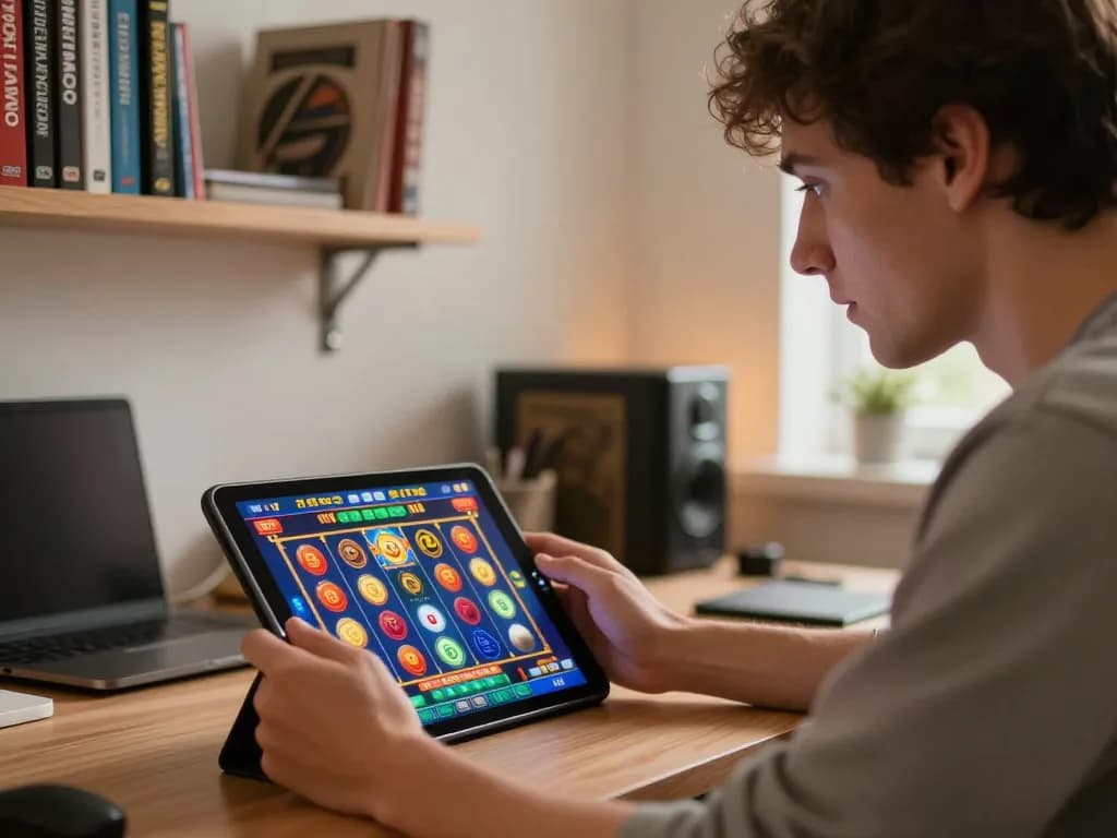 Player engaging with slot gacor sore ini game interface on tablet in cozy home setting.