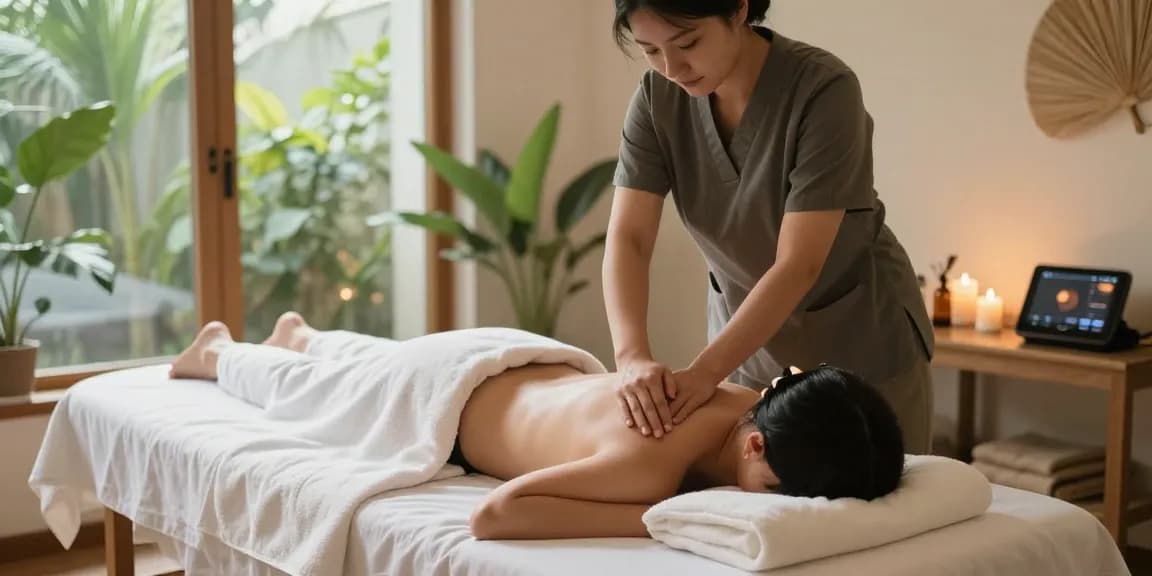 Relaxing 마사지 therapy session in a tranquil spa environment with therapist and peaceful ambiance.
