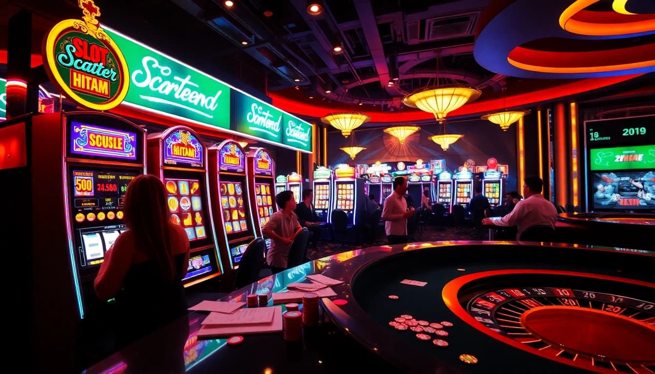 Engaged players experience the thrill of the slot scatter hitam machine in a luxurious casino.