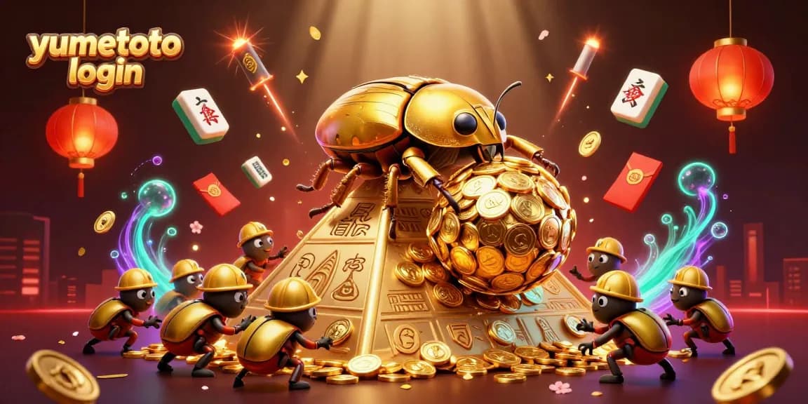 YUMETOTO login dengan karakter skarab kuning dan koin emas, menarik perhatian pemain togel online.
