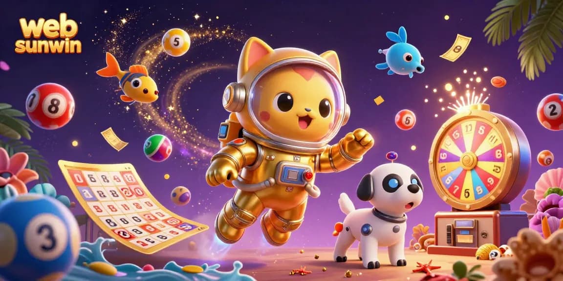 Engage with the web sunwin casino in this illustrated scene featuring a playful space kitty and a robot dog.
