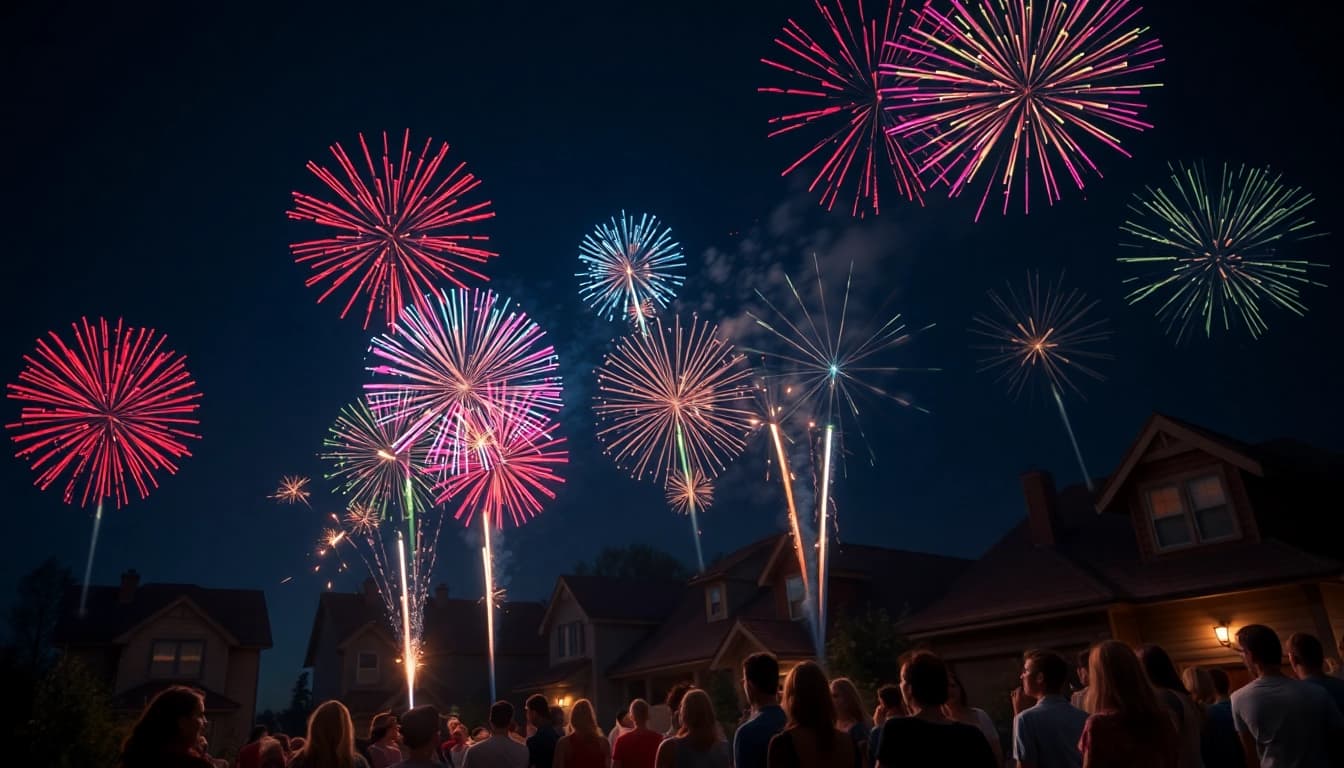 Families celebrating with cheap fireworks near me in a vibrant night sky.