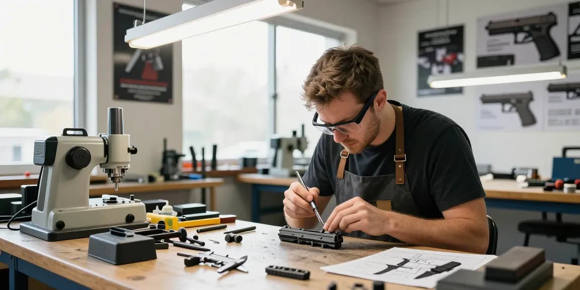 Skilled gunsmith customizing Glock slides at precision gunsmith workshop - https://precisionglockslides.com