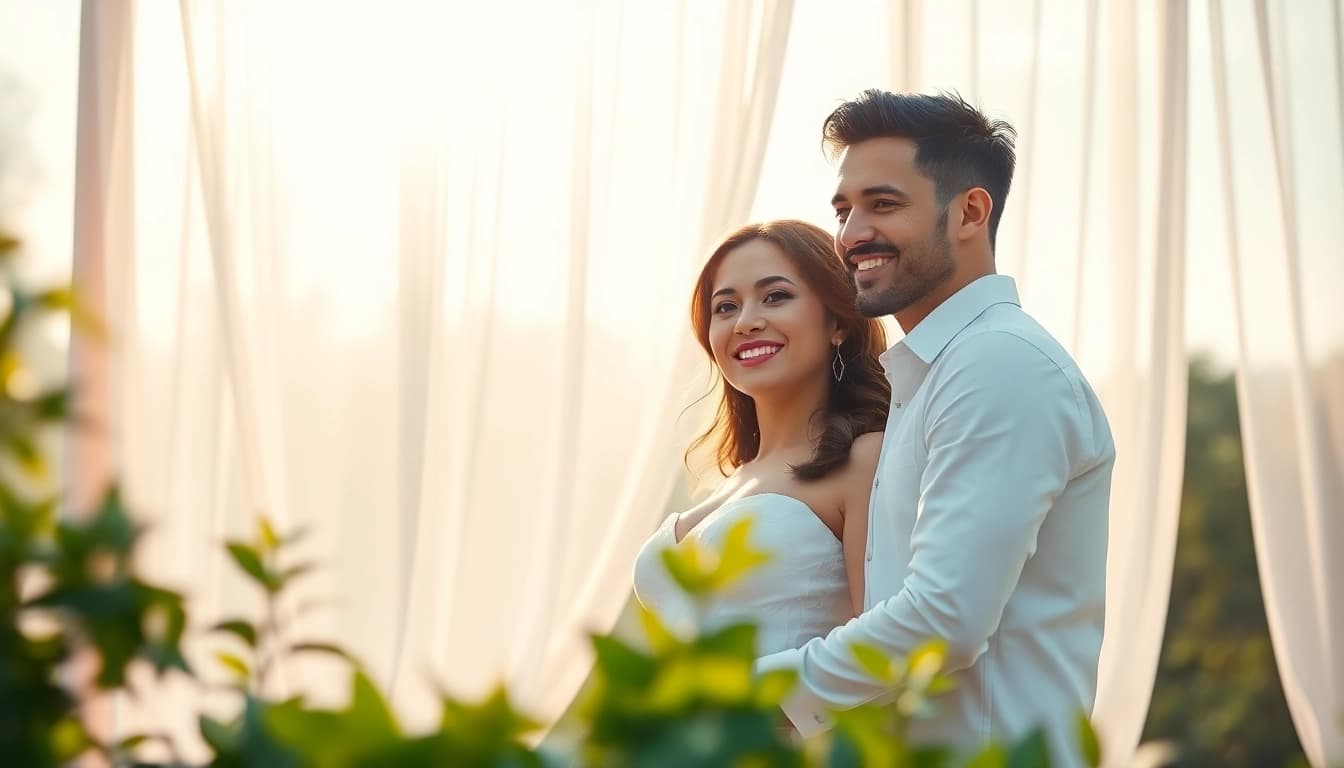 Capture of light & airy photography featuring a couple at a wedding, surrounded by soft pastel colors.