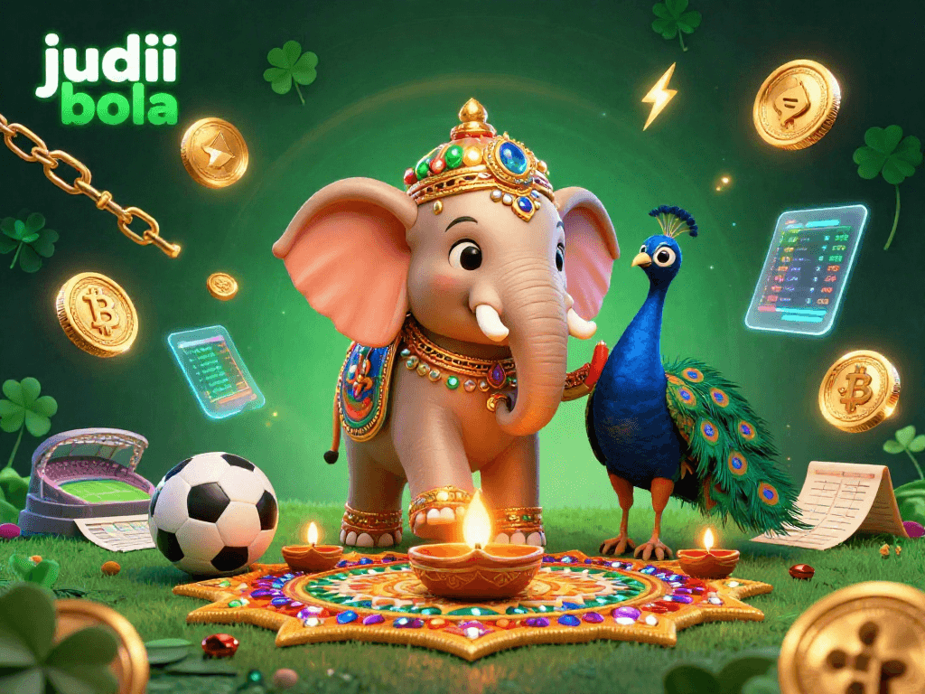 Join the excitement of judi bola with a vibrant illustration featuring a betting elephant and peacock amidst sports dynamic elements.