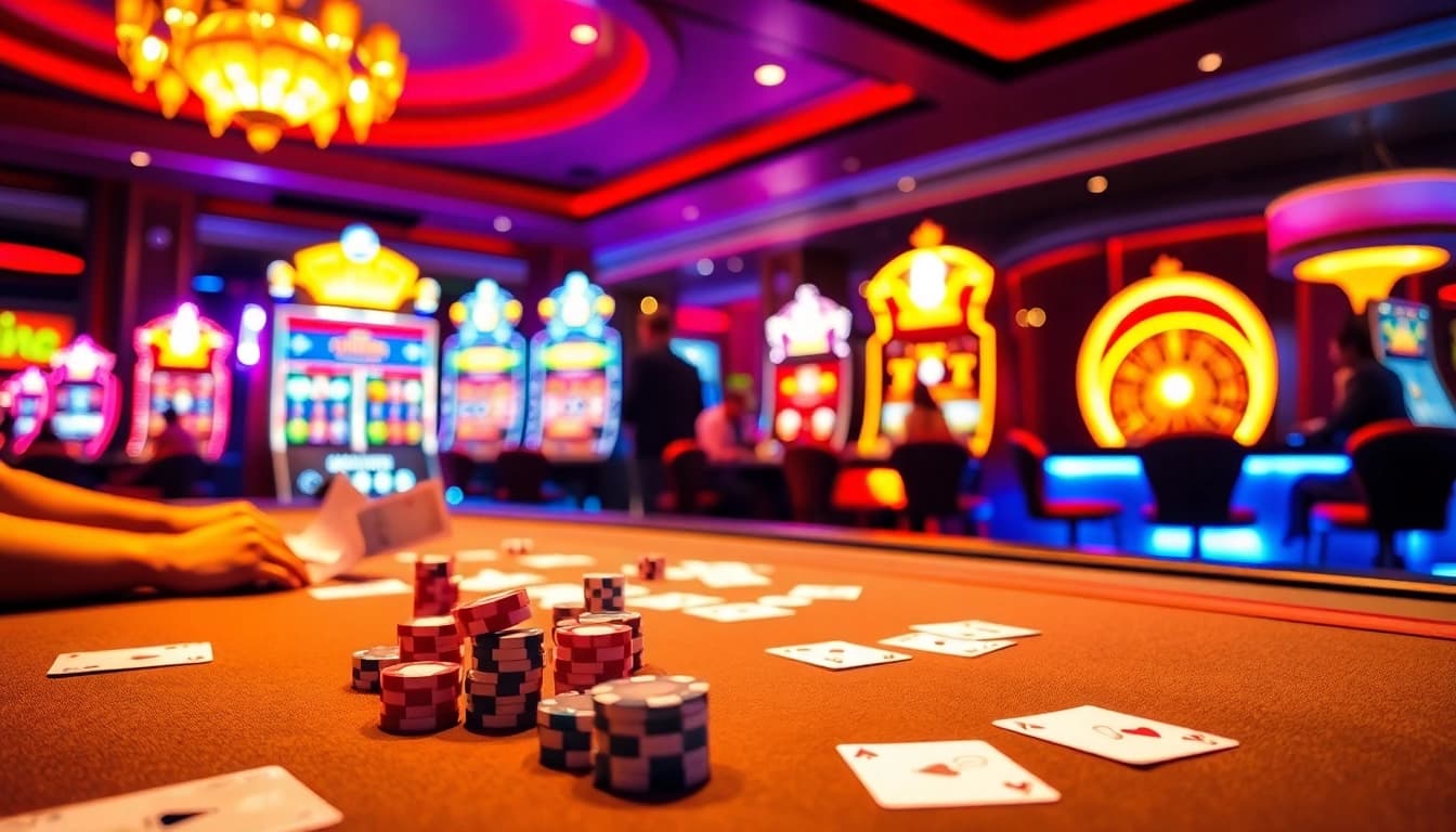 Exciting gameplay session at idnslot casino with colorful slot machines and poker chips.