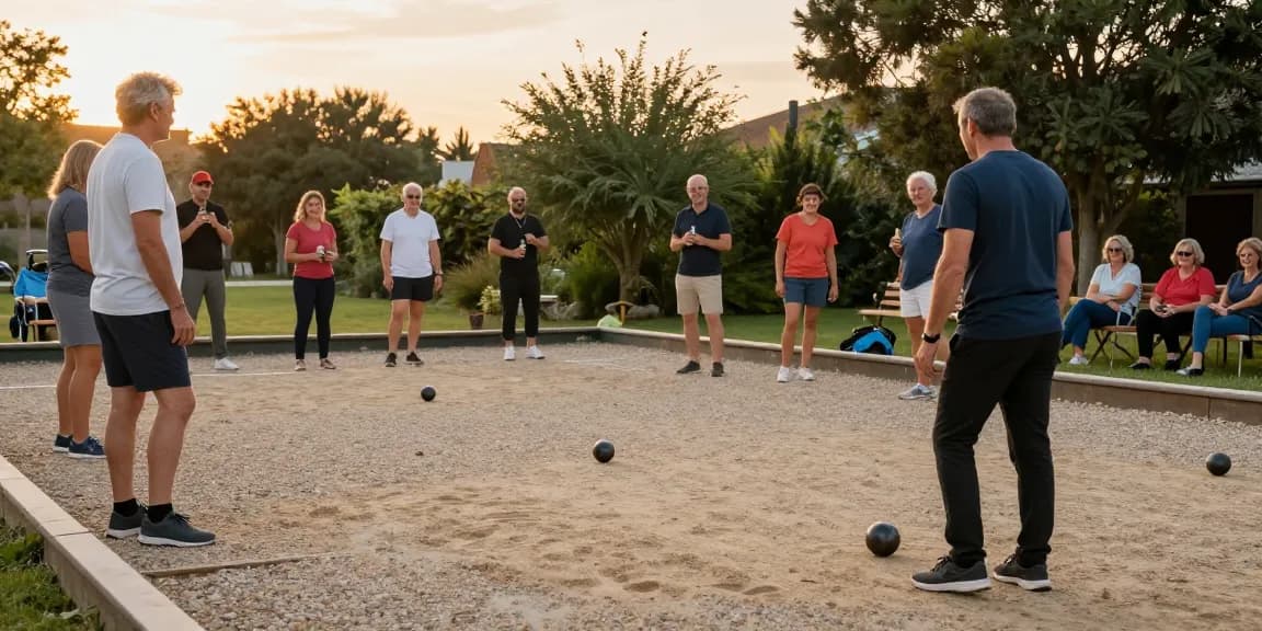 Komunitas bermain petanque di fopikotabanjarba.org saat matahari terbenam, penuh semangat.