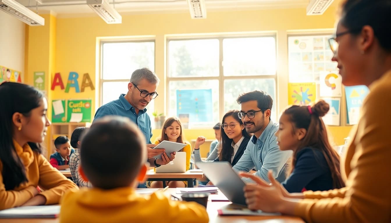 Engaged classroom highlighting interactive Education between diverse students and educators.
