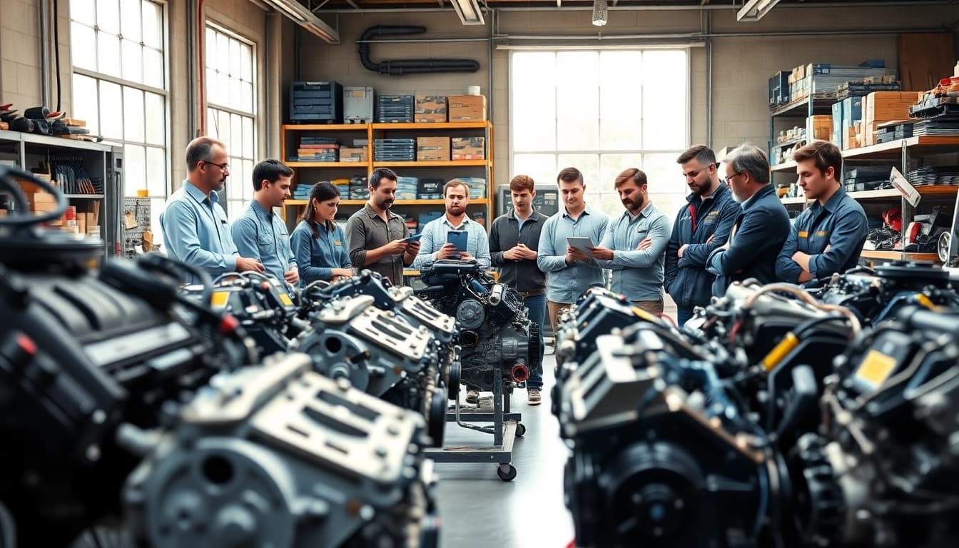 Experts evaluate used engines in a bright workshop highlighting automotive care.