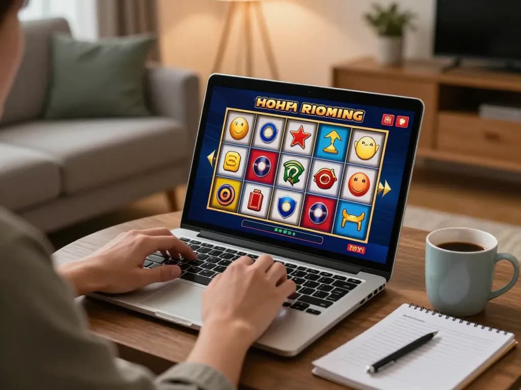 Player enjoying เว็บสล็อตตรง in a cozy home setting with laptop and gaming notes.