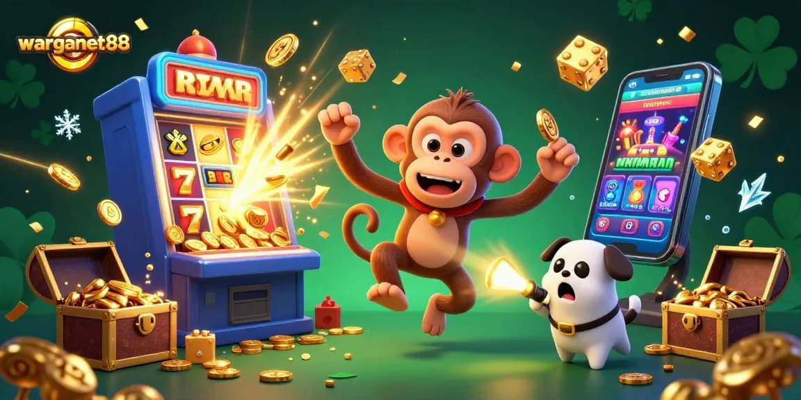 Experience the excitement of warganet88 as a playful poltergeist monkey juggles golden coins in a lively casino.
