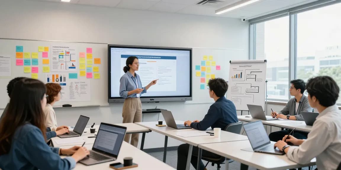 Mastering Conversion-optimized landing pages in an interactive digital marketing course with collaborative students.