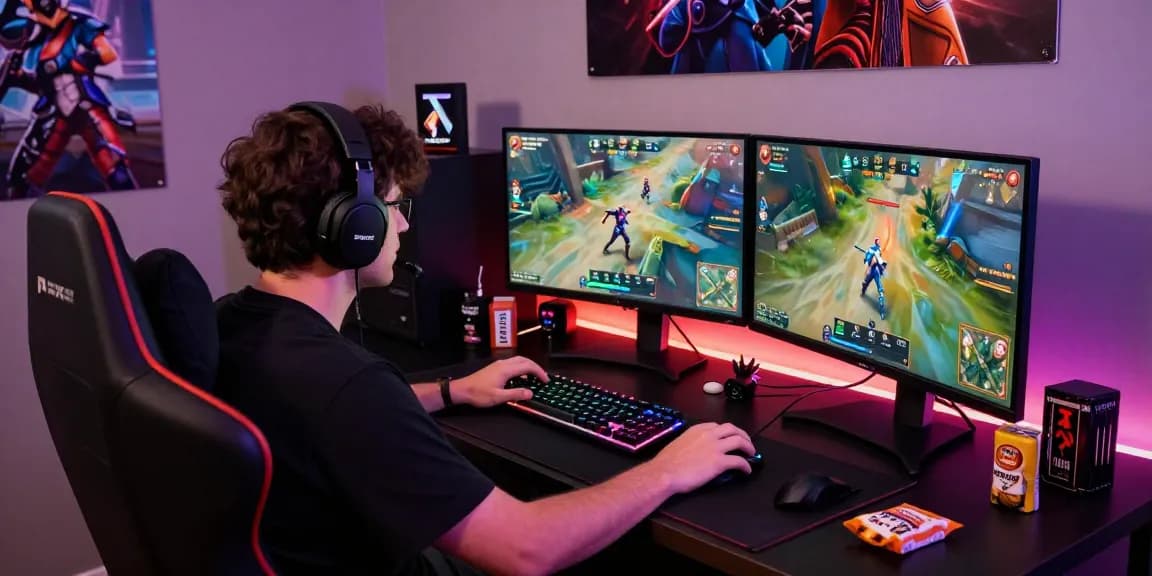 Apex Legends No Recoil gaming setup showcasing intense match with player focused on action and dual monitors.