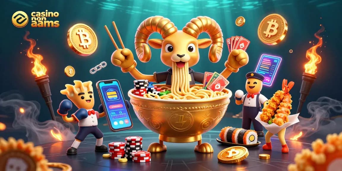 Gioca nei migliori casino non AAMS con monete Bitcoin e Ethereum mentre un ramen gigante distribuisce carte.