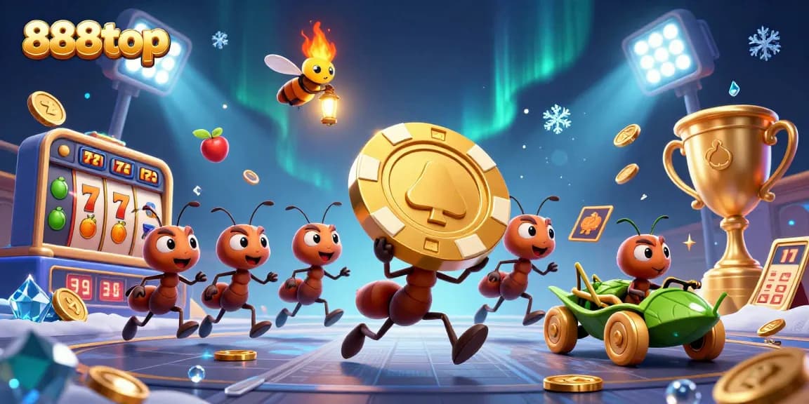 Experience thrilling action at 888top with a cartoon heist scene featuring ants and golden poker chips in a bustling casino atmosphere.