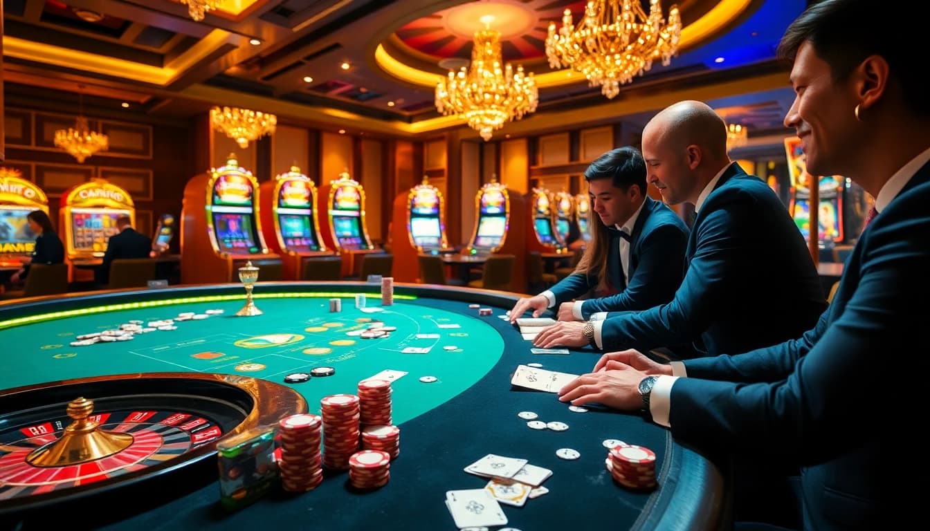 MMOO themed casino scene showcasing vibrant poker table, roulette wheel, and slot machines.