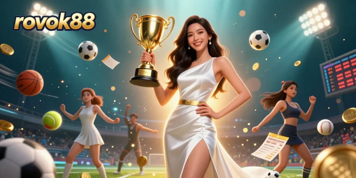 Engage in thrilling sports betting with rokok88, showcasing a triumphant figure in an exquisite gown, surrounded by dynamic gaming elements.