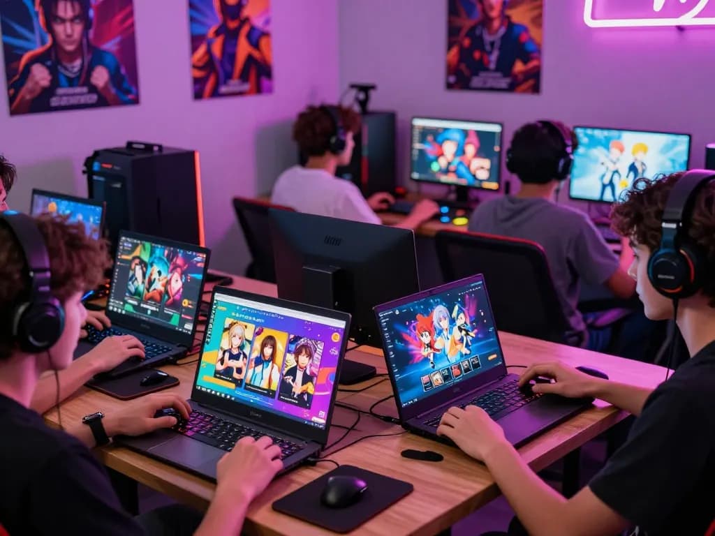 Players enjoying interactive porno games on various devices in a lively gaming atmosphere.
