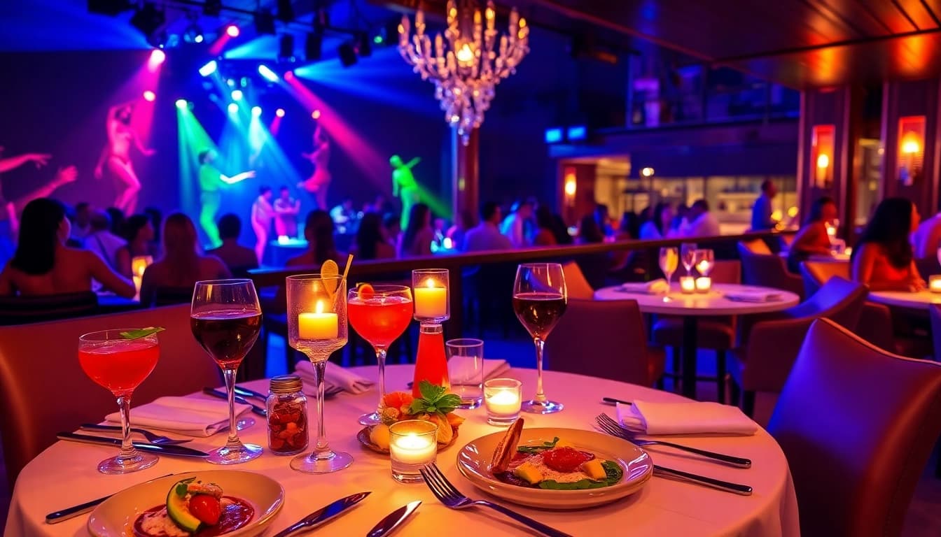 Dinner sxm at Club Noir featuring gourmet dishes and vibrant cocktails in a lively atmosphere.